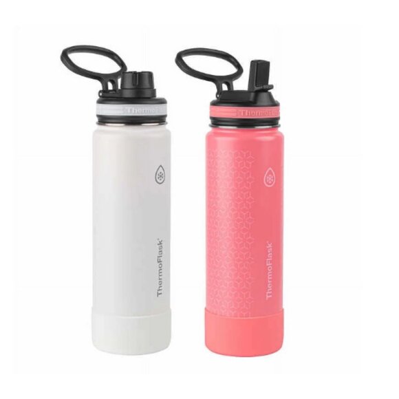 ThermoFlask 24oz Stainless Steel Insulated Water Bottles, 2-pack White and Coral - Picture 2 of 2